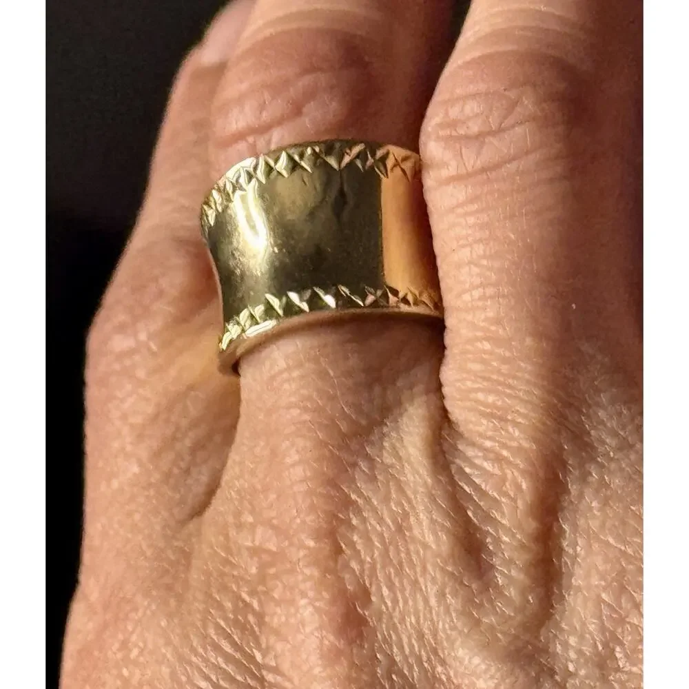 Gold Vermeil 925 Sterling Silver Wide Cigar Band Ring Diamond Cut Size 9